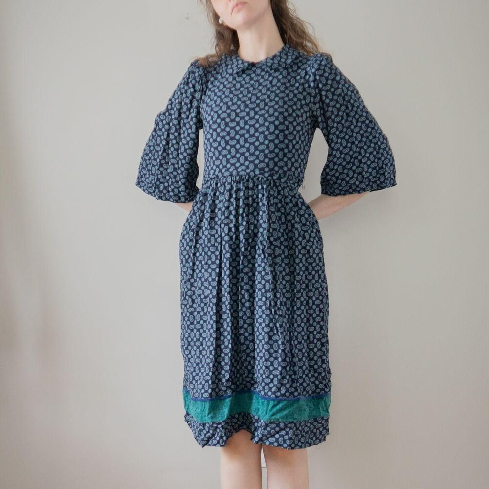 Vintage 80s Blue Navy Paisley Midi Retro Peter Pan Collar Twee Secretary Dress